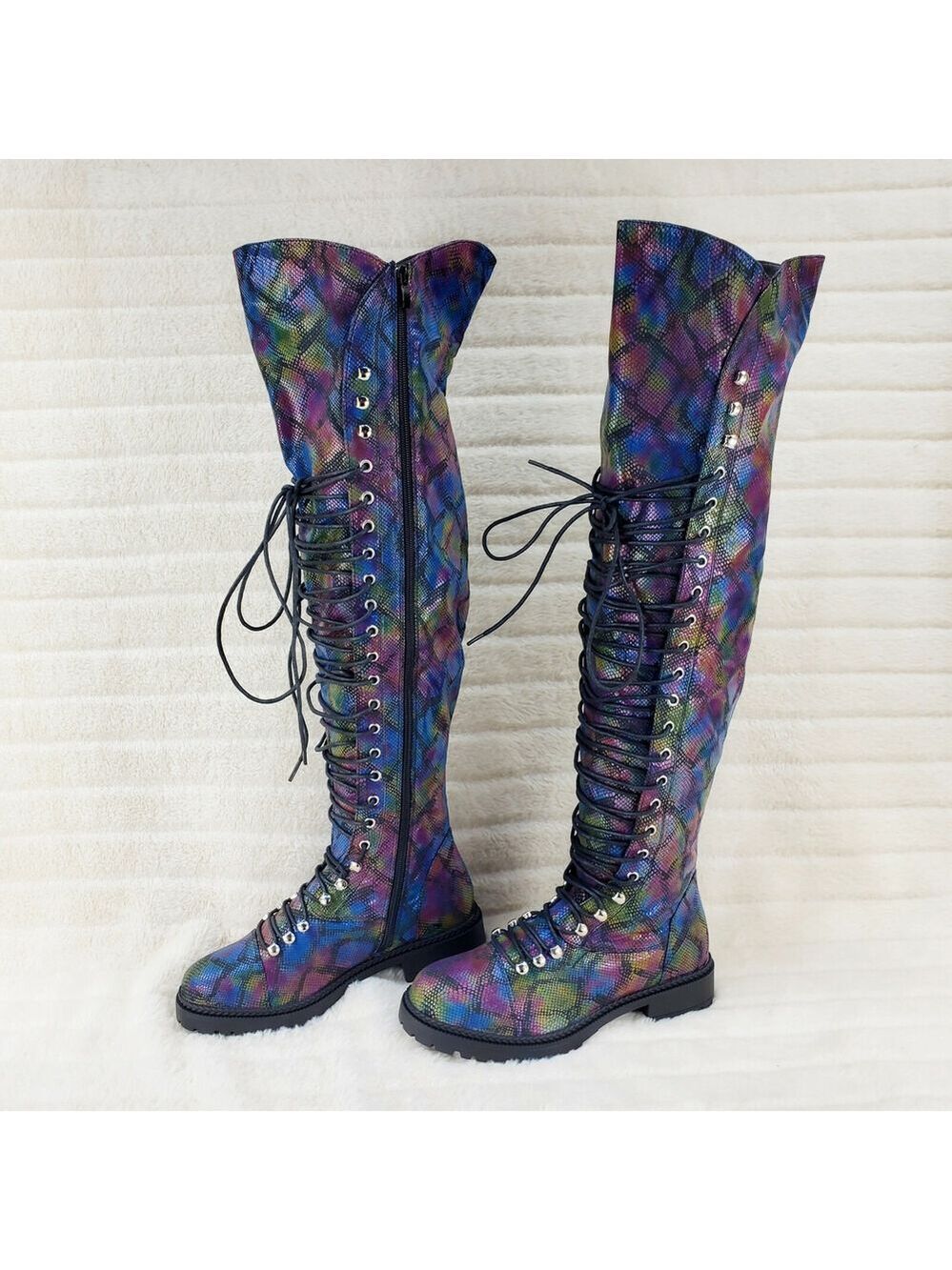 NIB Travis Colorful Rainbow Snake Corset Lace Over the Knee Fashion Riding Boots